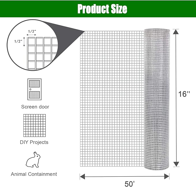 GANGHAO Hardware Cloth 19 Gauge 1/2 inch 16 x 50 ft, Chicken Wire Mesh Roll, Wire Fencing, Wire Fence Roll, Galvanized Wire Mesh, Guard Mesh