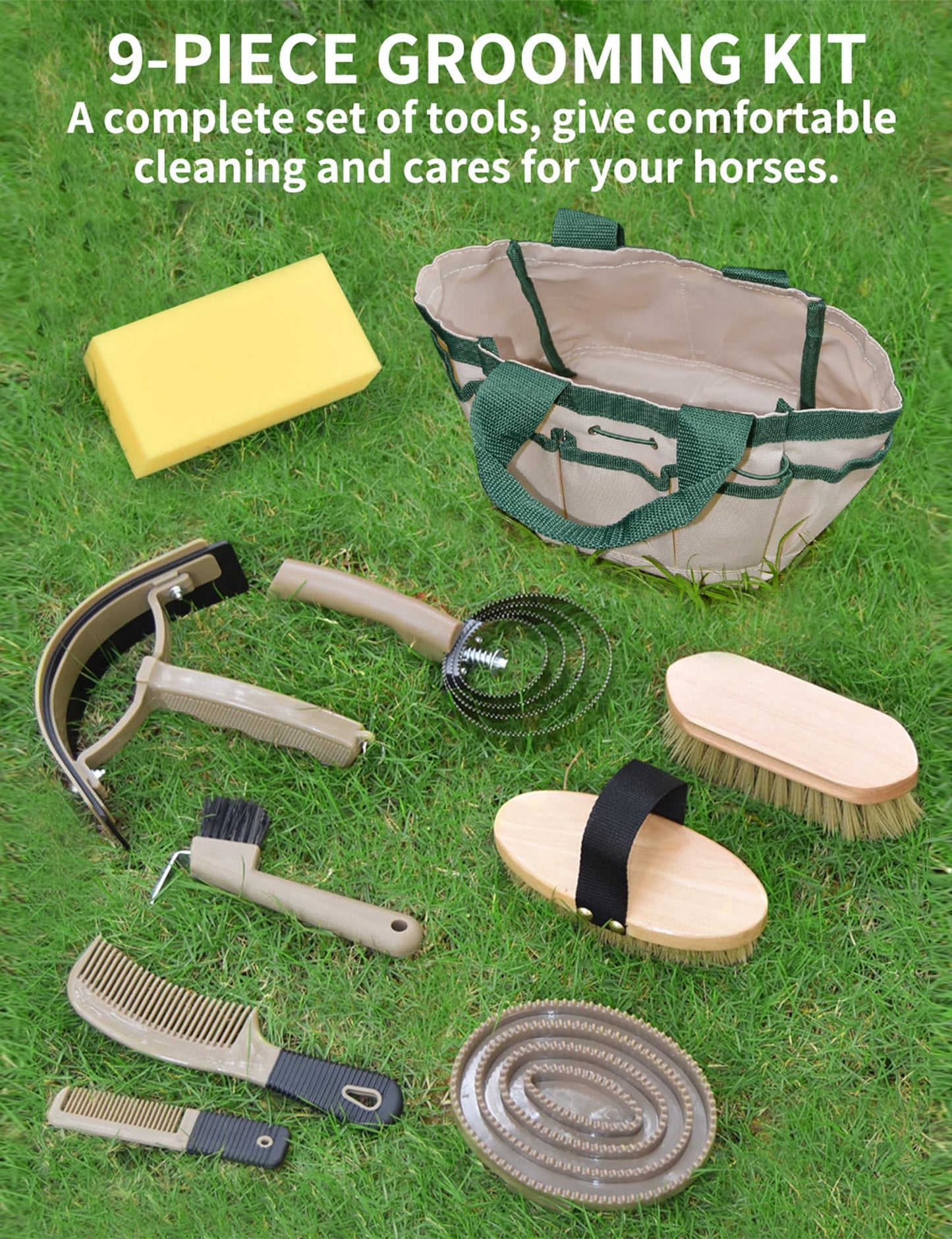 inoreal 9 Pieces Horse Grooming Kit, Tack Room Supplies Set with Tote Bag, Horse Brush Set for Effective Cleaning and Bathing, Professional Equine Coat Care Kit for Horse Riders Beginner
