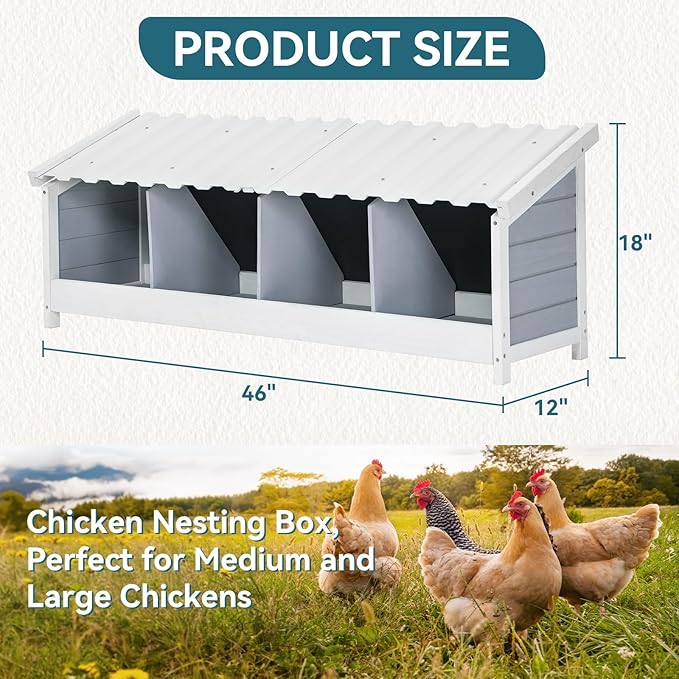 PETSFIT 4 Holes Chicken Nesting Box-All Weather PVC Roof, Natural Wood Design with Privacy Back Panel for Hens-Wall Mounted or Floor Use in Coops, Farms, Backyards,Easy to Assemble