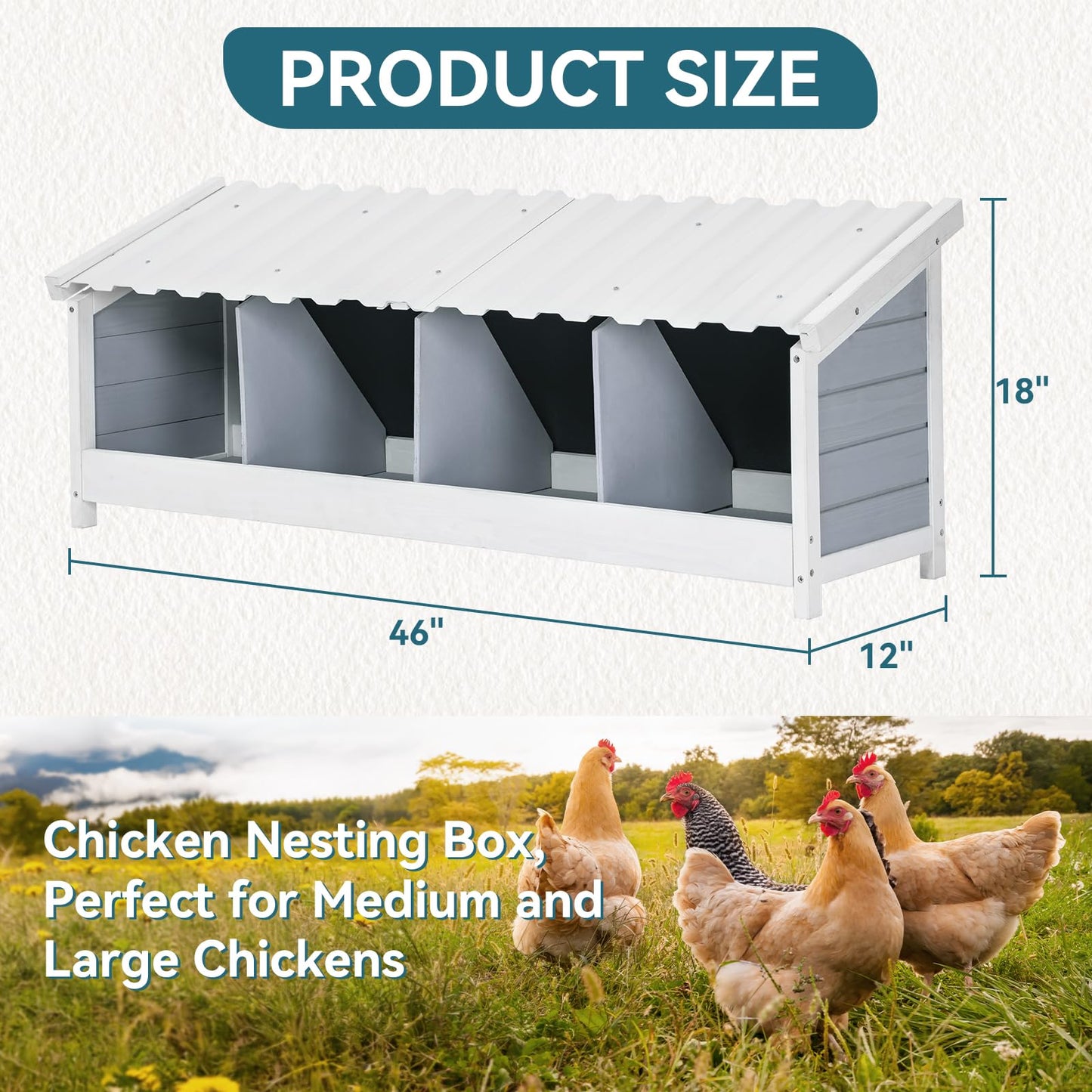 PETSFIT 4 Holes Chicken Nesting Box-All Weather PVC Roof and Chicken Perch