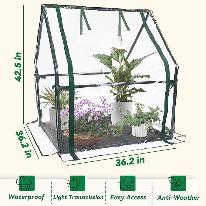 Gardzen Mini Greenhouse Indoor with Waterproof Bottom, Heavy Duty Portable Green House for Outdoor, Ideal for Seed Starting, Germination and Weather Protection, 36.2"(L) x 36.2"(W) x 42.5"(H)