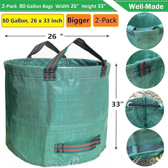 Professional 2-Pack 80 Gallon Large Yard Garden Bags (D26, H33 in) with Gardening Gloves for Yard Waste,Leaf Bags,Debris Bag,Garden Trash Container,Recycle Bin,Lawn Grass Clippings,Weeds Bag 4 Handles