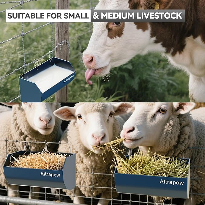 4.5 Quart Hanging Goat Feeder [Material of Metal] with Clips and Nylon Tie Wraps, Fence Feeder [Sturdy and Durable] for Goat, Pig and Dog, Blue, 4 Pack