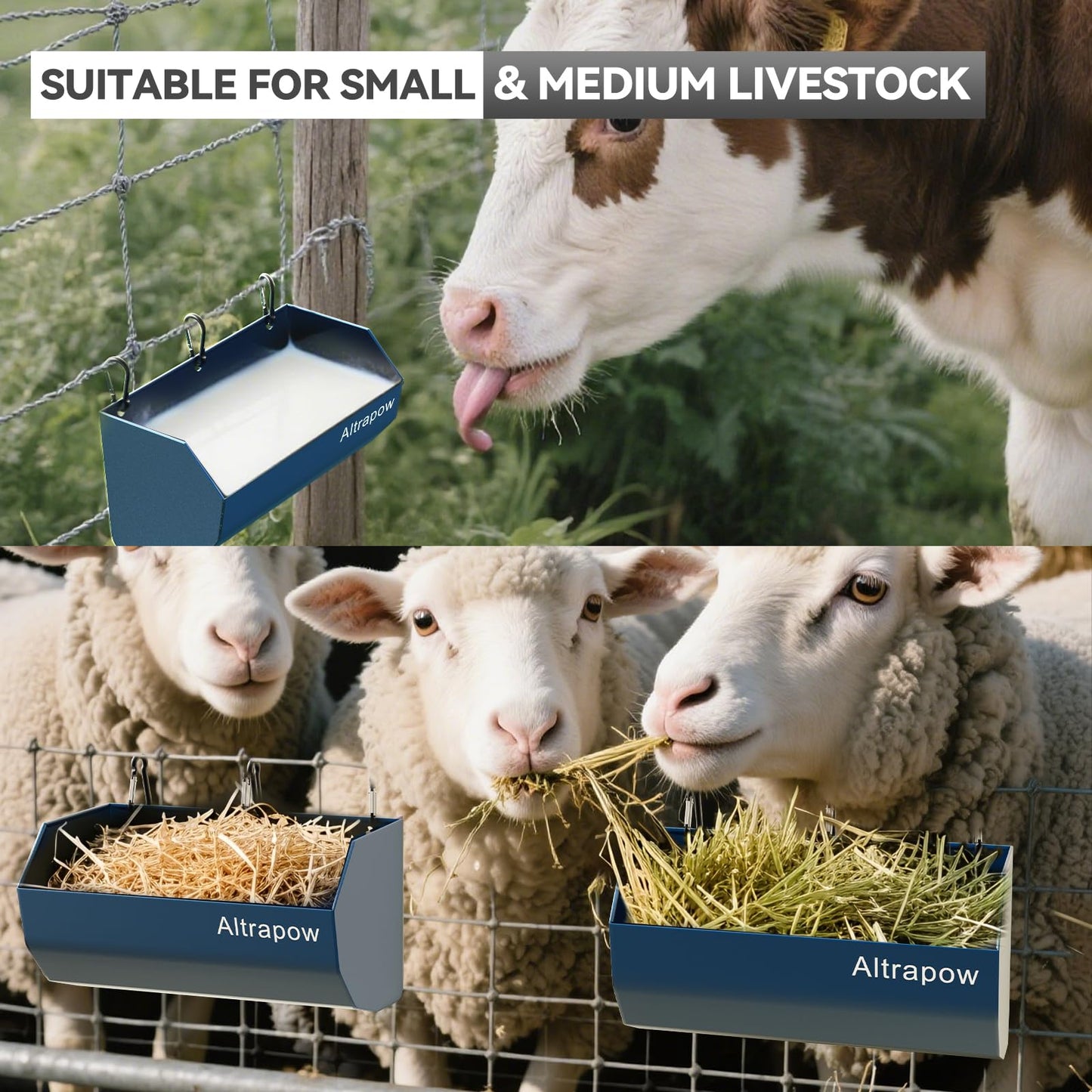Altrapow 4.5 Quart Hanging Goat Feeder [Material of Metal] with Clips and Nylon Tie Wraps, Fence Feeder [Sturdy and Durable] for Goat, Pig and Dog, Blue, 2 Pack