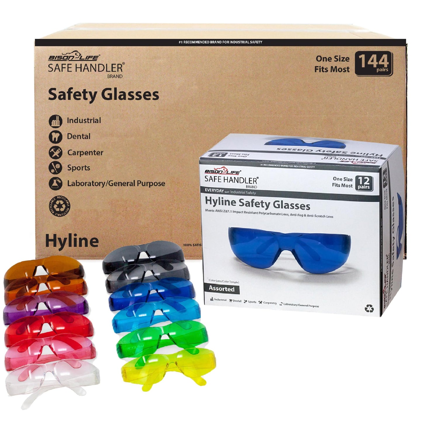 SAFE HANDLER Hyline Anti-Fog Full Color Safety Glasses Variety 144 Pack, Impact Resistant, Polycarbonate, Anti-Scratch