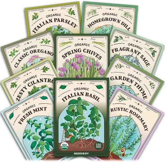 Seedboy Organic 10 Herb Variety Pack: Basil, Cilantro Mint Oregano Parsley Thyme Chives Dill Sage Rosemary for Planting Indoor and Outdoor, 5460 Non-GMO USDA Certified Seeds (10 Herb Variety Pack)