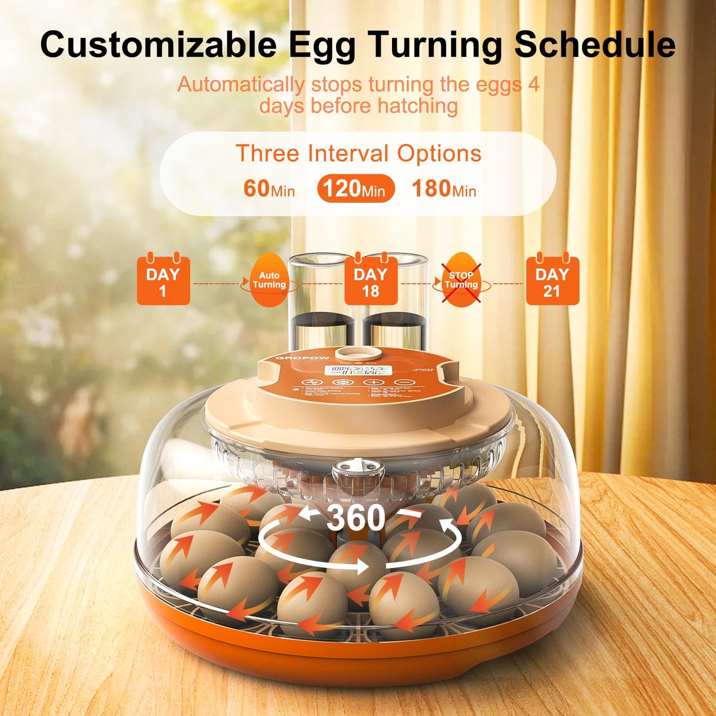 GROPOW 18 Egg Incubator, Automatic Turning with Temperature & Humidity Control, Egg Candler, 360 View with Air Vent, Auto Water Bottle Refill, Chicken Incubator for Hatching Eggs