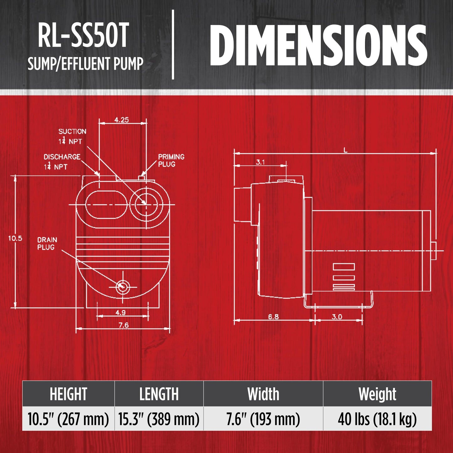Red Lion RL-S50 115/230 Volt, 1/2 HP, 2940 GPH Self Priming Cast Iron Surface Effluent Pump, Red, 621810