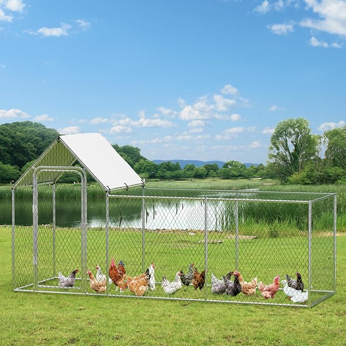 Metal Chicken Coop, Large Chicken Run with Waterproof and Anti-UV Cover, Walk-in Chicken Coop for 6/10 Chickens, Large Chicken Coop Run (9.8'L x 3.3'W x 5'H)