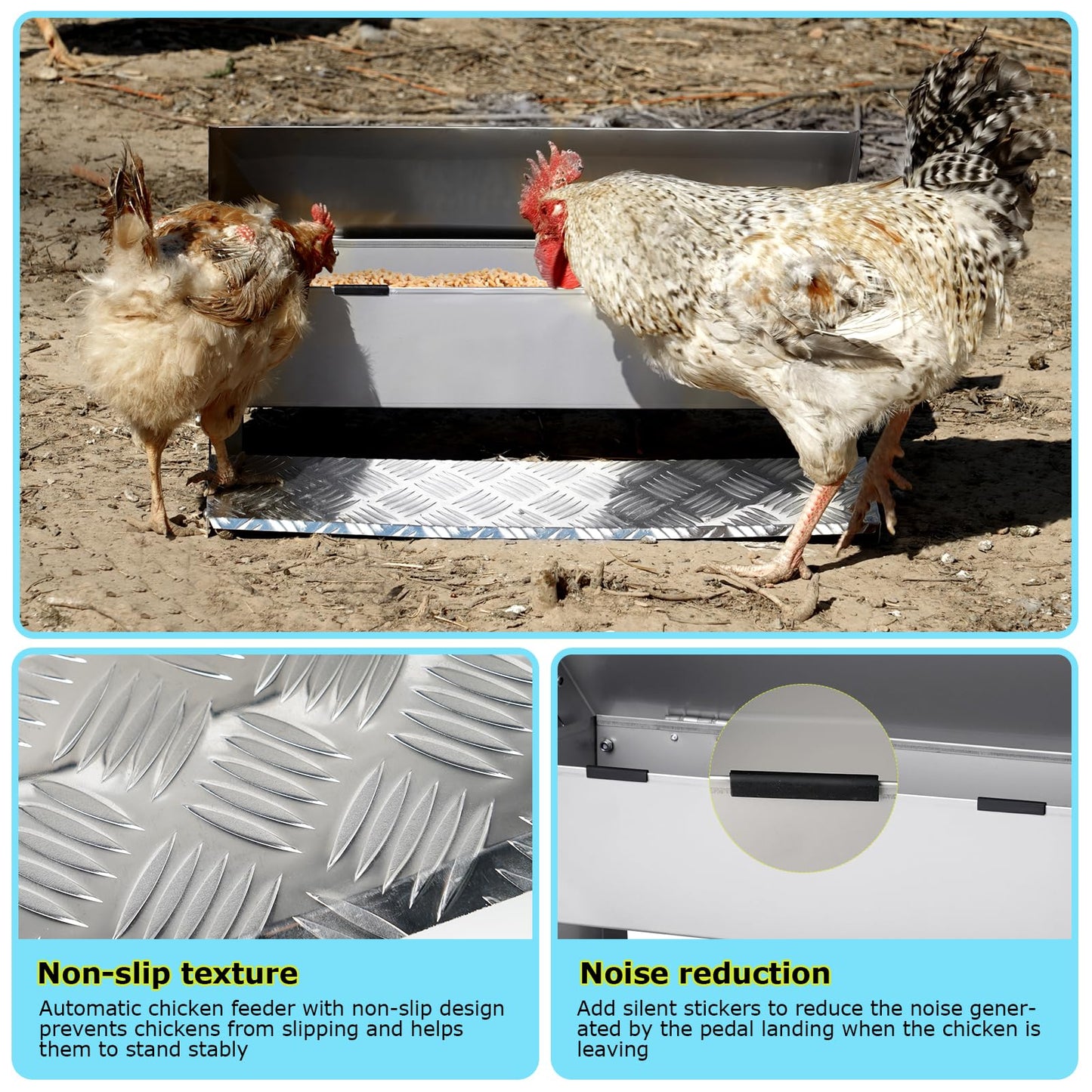 PAULOZYN Automatic Chicken Feeder Treadle Large Poultry Feeders No Waste Stainless Steel Rat Proof Chicken Feeder Trough with Weatherproof Lid Treadle Chicken Feeder Self-Opening for Duck Fowl