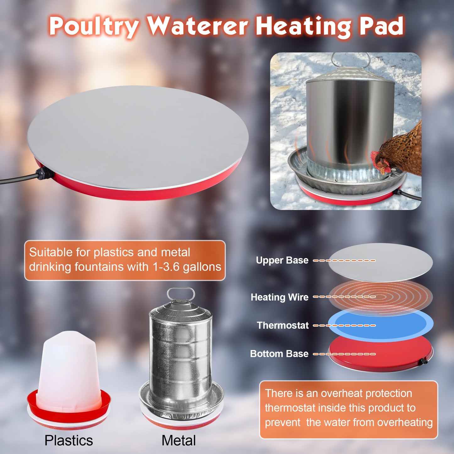 BBTO Chicken Water Heater, 110V 80Watts Heated Chicken Waterer Metal Base for Winter Deicer, Poultry Waterer Heater Base Fits Plastic/Metal Waterer, Pet Water Heater with 6 ft Cord for Poultry Founts