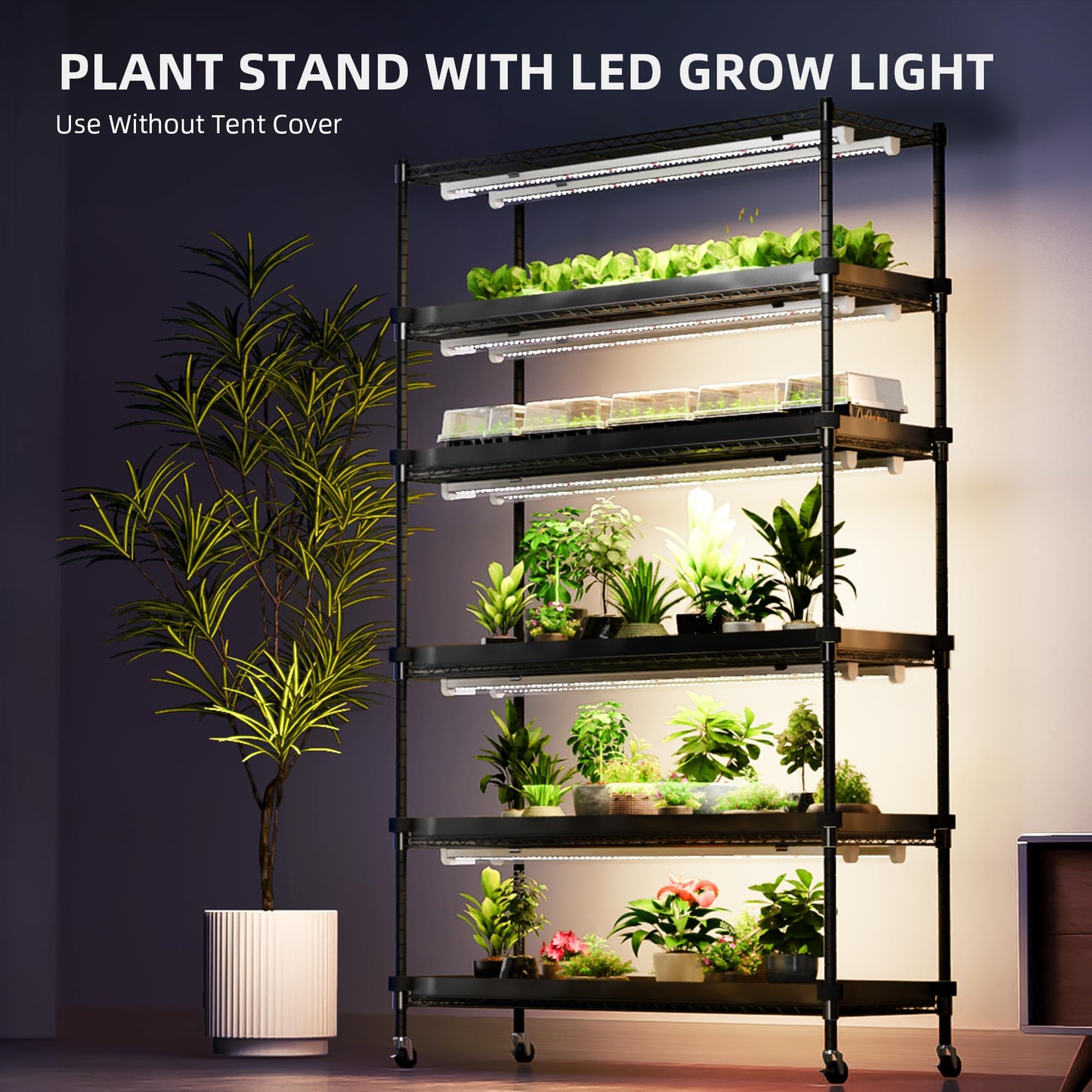 Spider Farmer 2025 Plant Stand with Grow Lights, 6-Tier Plant Shelf with 10Pcs 3ft Full Spectrum 220W Led Lamp and Grow Tent, for Veg Seed Starting Plants Growth Greenhouse 5000K 43Lx16Dx71H (Update)