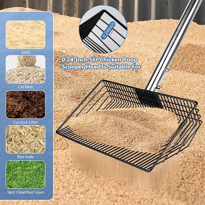10inch Large Metal Chicken Poop Scooper, Chicken Poop Scooper for Sand with Adjustable Stainless Steel Handle, Chicken Coop Scooper for Sand Suitable for Chicken Coops, Rabbit Coops, Stables, Gardens