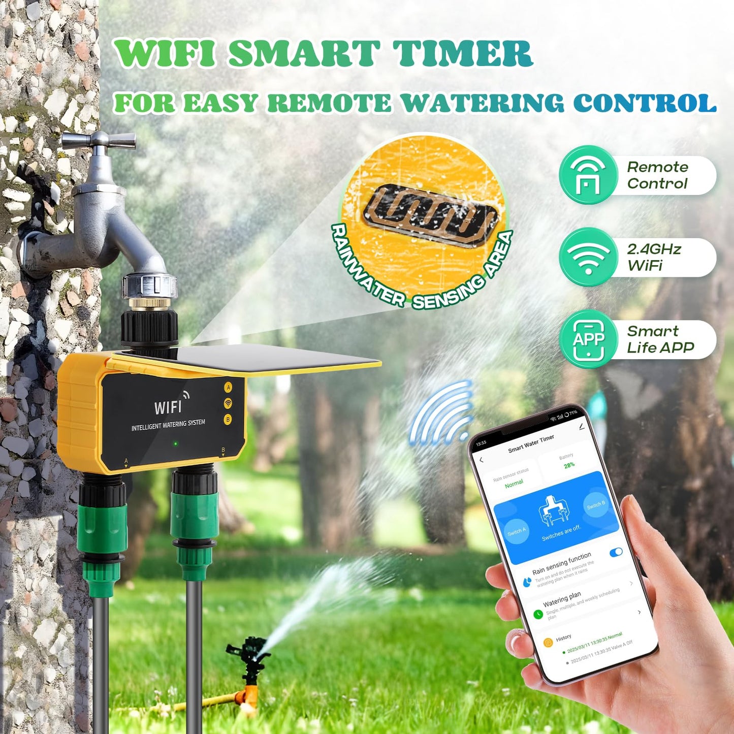 Moongiantgo Smart Solar WiFi Timer Kit, App Control Sprinkler Timer with 30m Pipe+30 360 Degree Bending Nozzle, Outdoor Automatic Watering System Kit with Rain Delay for Irrigation Lawn Yard Garden
