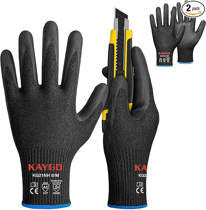 KAYGO Cut Resistant Gloves - Nitrile Micro-Foam Coated, Puncture Proof Safety Gloves for Work, Gardening, and Construction with Enhanced Grip | ANSI Cut Level A3 | KG21NB (Size M, 2 Pairs, Black)