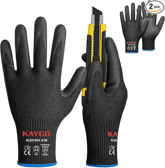 KAYGO Cut Resistant Gloves - Nitrile Micro-Foam Coated, Puncture Proof Safety Gloves for Work, Gardening, and Construction with Enhanced Grip | ANSI Cut Level A3 | KG21NB (Size M, 2 Pairs, Black)