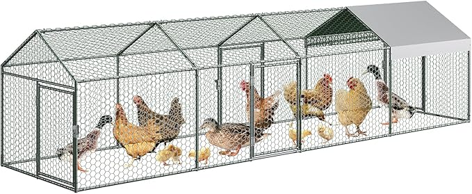 Large Metal Chicken Coop 13.3' x 3.3" x 3.3" Chicken Runs with Waterproof and Anti-UV Cover,3 Doors,Outdoor Hen House for Yard, Walk in Poultry Cage for Rabbit Duck Goose