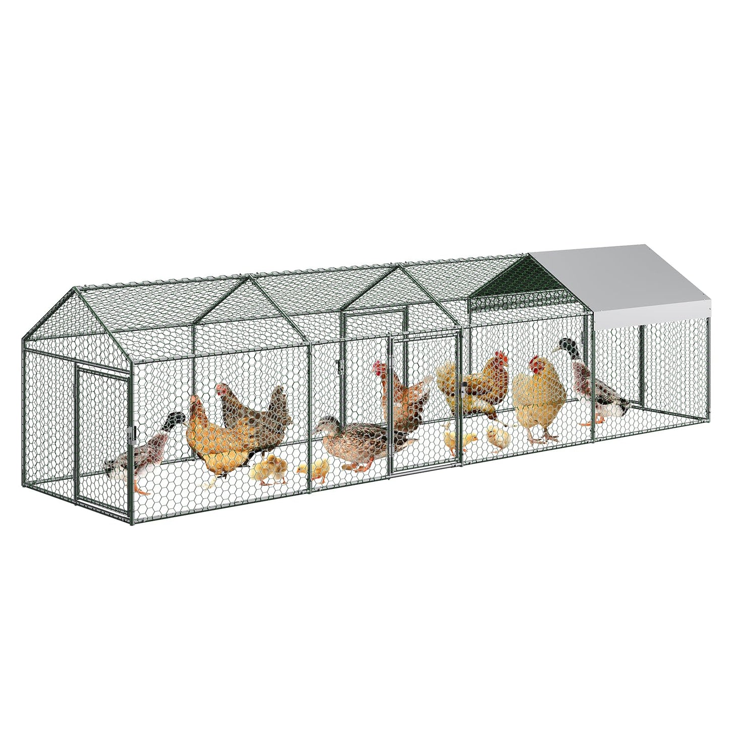 Metal Chicken Coop with Waterproof and Anti-UV Cover, 160" x40" x40" Large Chicken Run with 4 Doors, Outdoor Chicken Coop for Yard, Walk in Poultry Cage for Rabbit Duck Goose, Silver