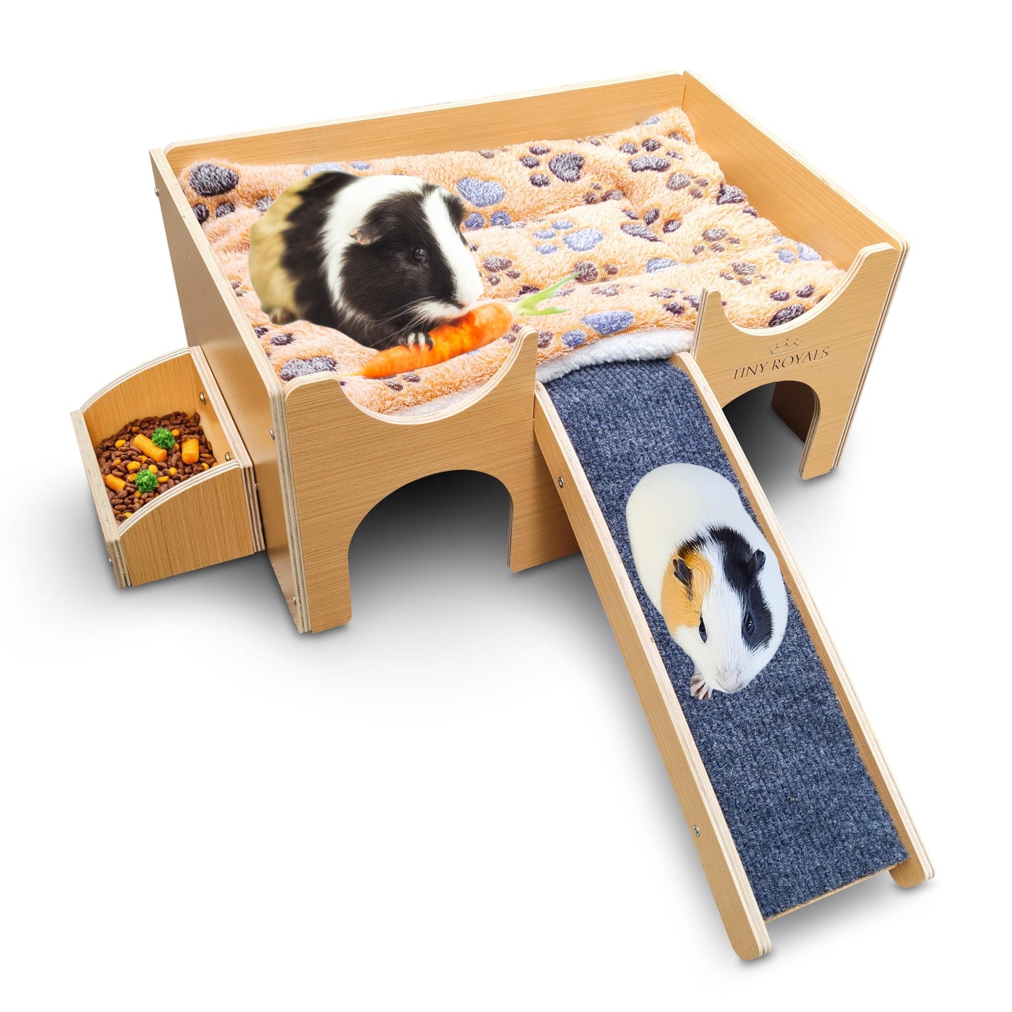 TINY ROYALS Guinea Pig Wooden Hideout with Built-in Feeder, Screw-Assembled Natural Wood Castle with Absorbent Fleece Mat, Ramp & Accessories, Cozy Safe Hideaway for Small Pets to Rest, Play & Explore