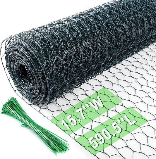 Chicken Wire 15.7 in x 590.5 in Poultry Wire Netting Hexagonal Galvanized Mesh Garden Fence Barrier for Pet Rabbit Chicken Fencing with 100 Pcs Cable Zip Ties(PVC-Coated)