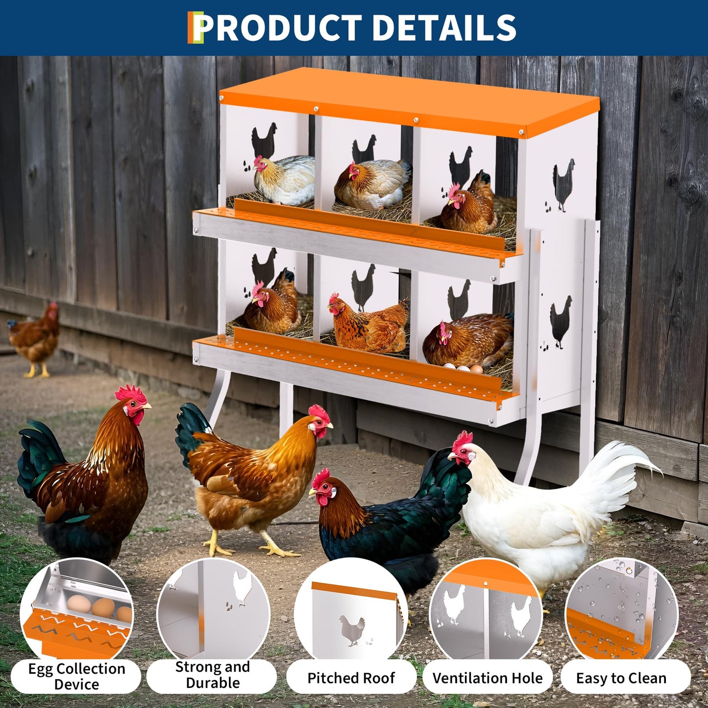 Garvee Chicken Nesting Box with Removable Tray, 6 Compartment Nesting Boxes for Chickens, Easy to Clean and Install, Chicken Laying Boxes for Chicken Coop to Protect Eggs - with Bracket Legs, Orange