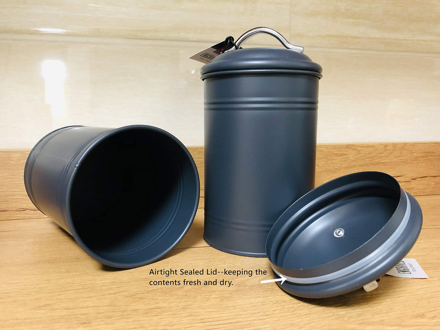 schonee Airtight Kitchen Canister with Lid, Rustic Farmhouse Decor Container for Dry Food Sugar Coffee Tea, Charcoal Gray Metal Countertop Storage Jar (7.87''H x 4.3''Dia.)