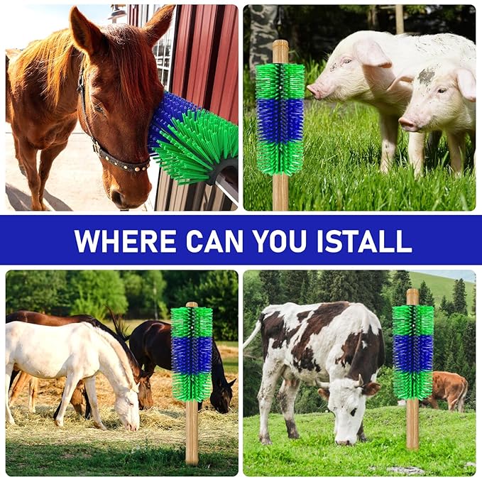 CONLI 2 PCS Livestock Scratching Brush with 4 Screws,Horse Brush with Plastic Bristles for Grooming,Cow Scratcher Goat Scratching Post,Full Massage Grooming Brushes for Horse Cattle (Green + Blue)