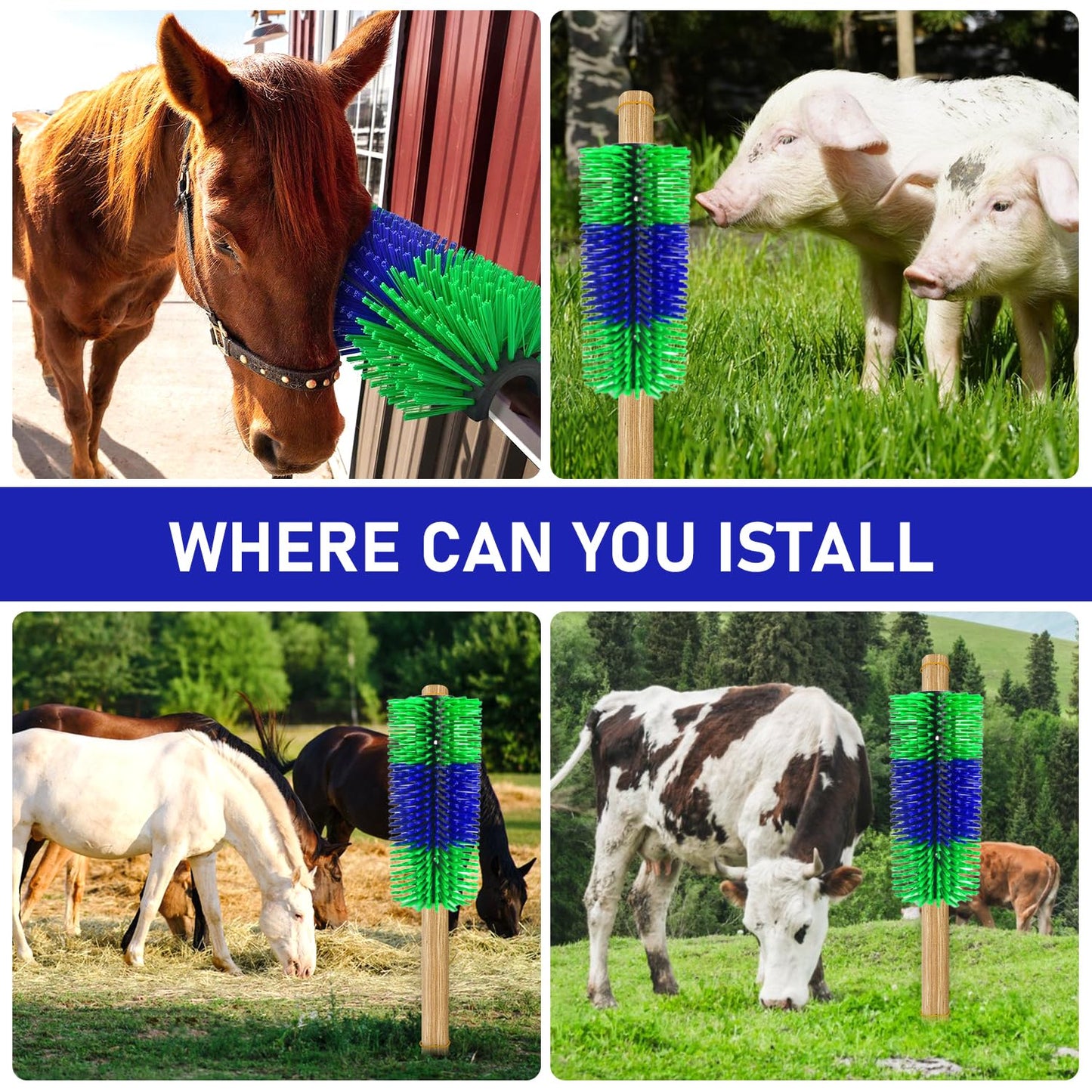 CONLI Livestock Scratching Brush with 4 Screws, Horse Brush with Plastic Bristles for Grooming, Cow Scratcher Goat Scratching Post, Full Massage Grooming Brushes for Horse Sheep Cattle Pig (Green)