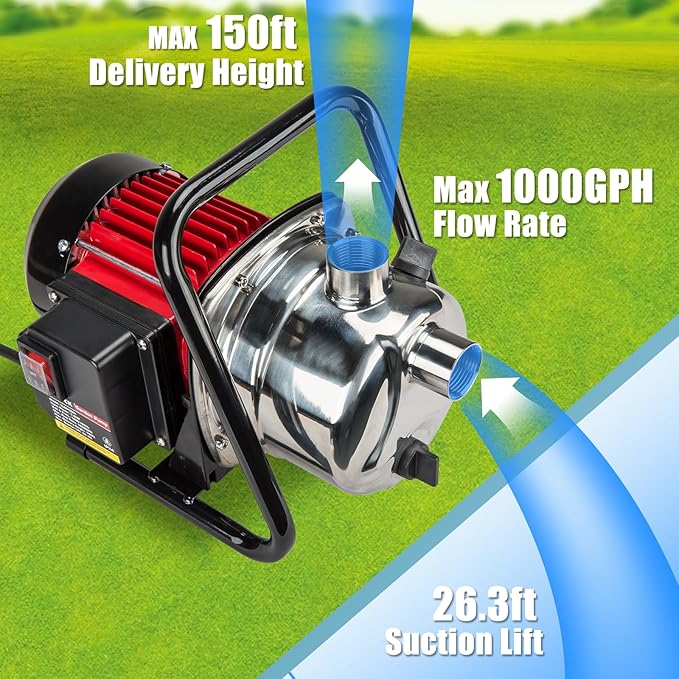 Water Transfer Garden Pump, 1.6 HP 1000GPH Portable Electric Shallow Well Jet Pump, Stainless Steel Sprinkler Pressure Booster Pump for Pool Draining, Lawn Fountain, Irrigation, Water Removal