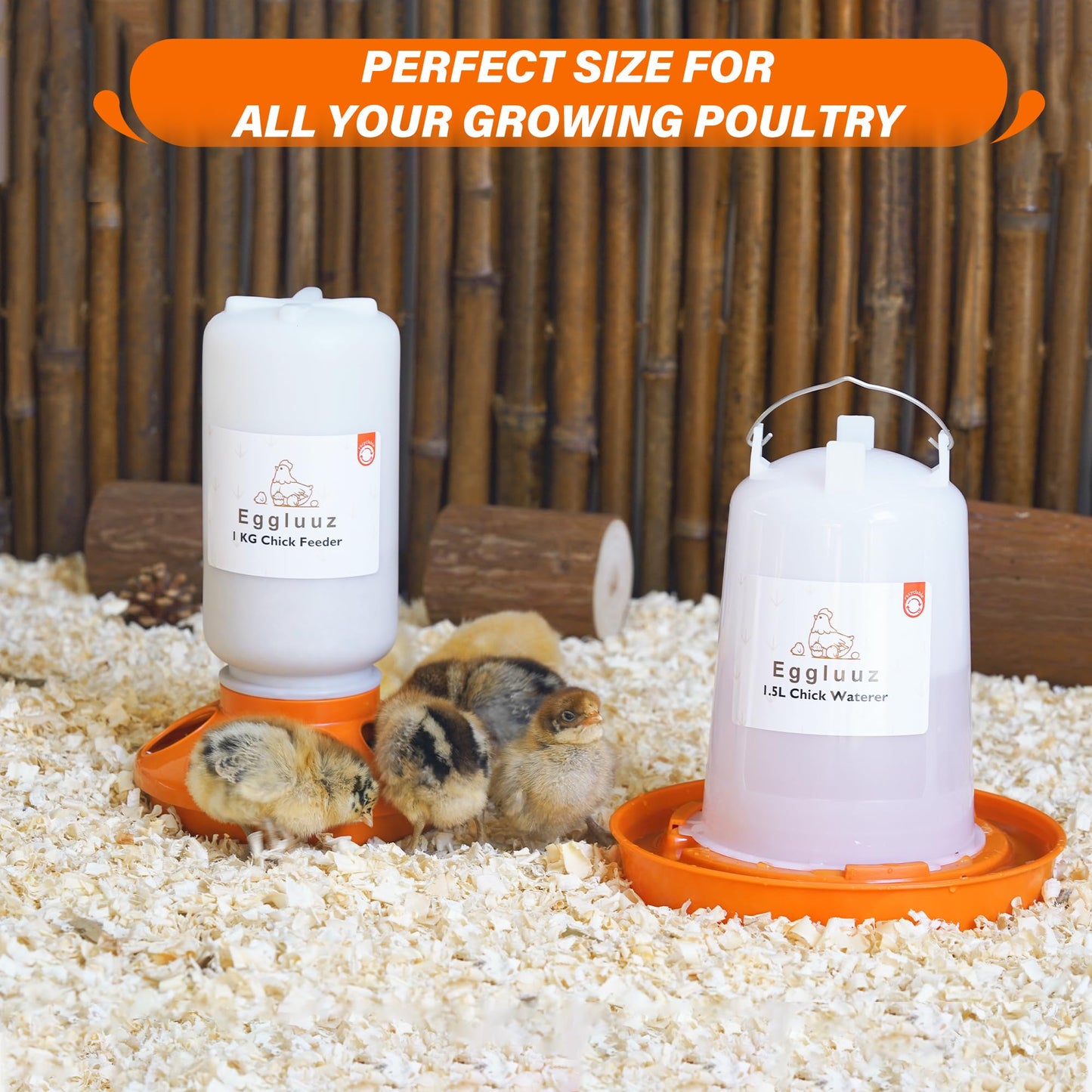 Eggluuz Chick Feeder and Waterer Kit Automatic Chicken Feeder and Waterer Set, 1L Chick Feeder and 1.5L Chick Waterer with 3 Heights Adjustable Legs