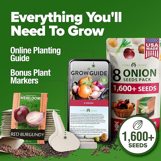 HOME GROWN 𝗨𝗦𝗔 𝗣𝗥𝗘𝗠𝗜𝗨𝗠 8 Onion Seeds for Planting – 1,600 Heirloom 𝗡𝗢𝗡-𝗚𝗠𝗢 Vegetable Seeds – Grow Sweet, Yellow, Red, Spanish, Green & Vidalia Onions in Outdoor or Indoor Home Garden
