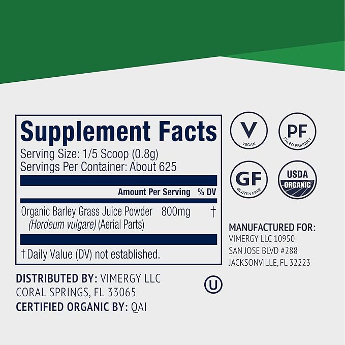 Vimergy Barley Grass Juice Powder Dietary Supplement - 0.8g per Serving (625 Servings) – Clean Superfood Formula – Promotes Cardiovascular Health* – Organic, Vegan & Gluten-Free – Value Size 500g