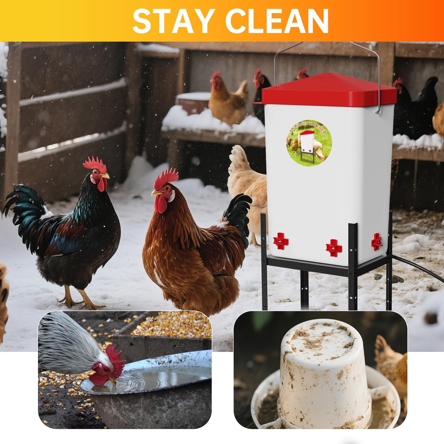 Nexum 2 Gallon Heated Chicken Waterer - Outdoor Unfrozen Poultry Drinker for Winter with 4 Nipples and Adjustable Stand Automatic Chicks Water Bucket (Red, 3 Gallon)