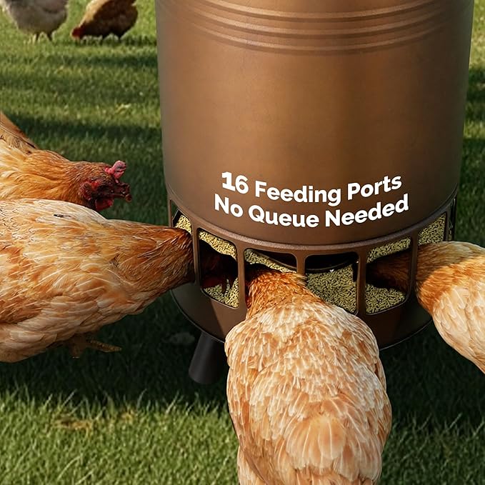 Solution4Patio 50LB No-Waste Chicken Feeder, Large Capacity Gravity Dispenser with Spill Control & 16 Feeding Ports Poultry Feeder for Outdoors & Hen Coop (Brown)