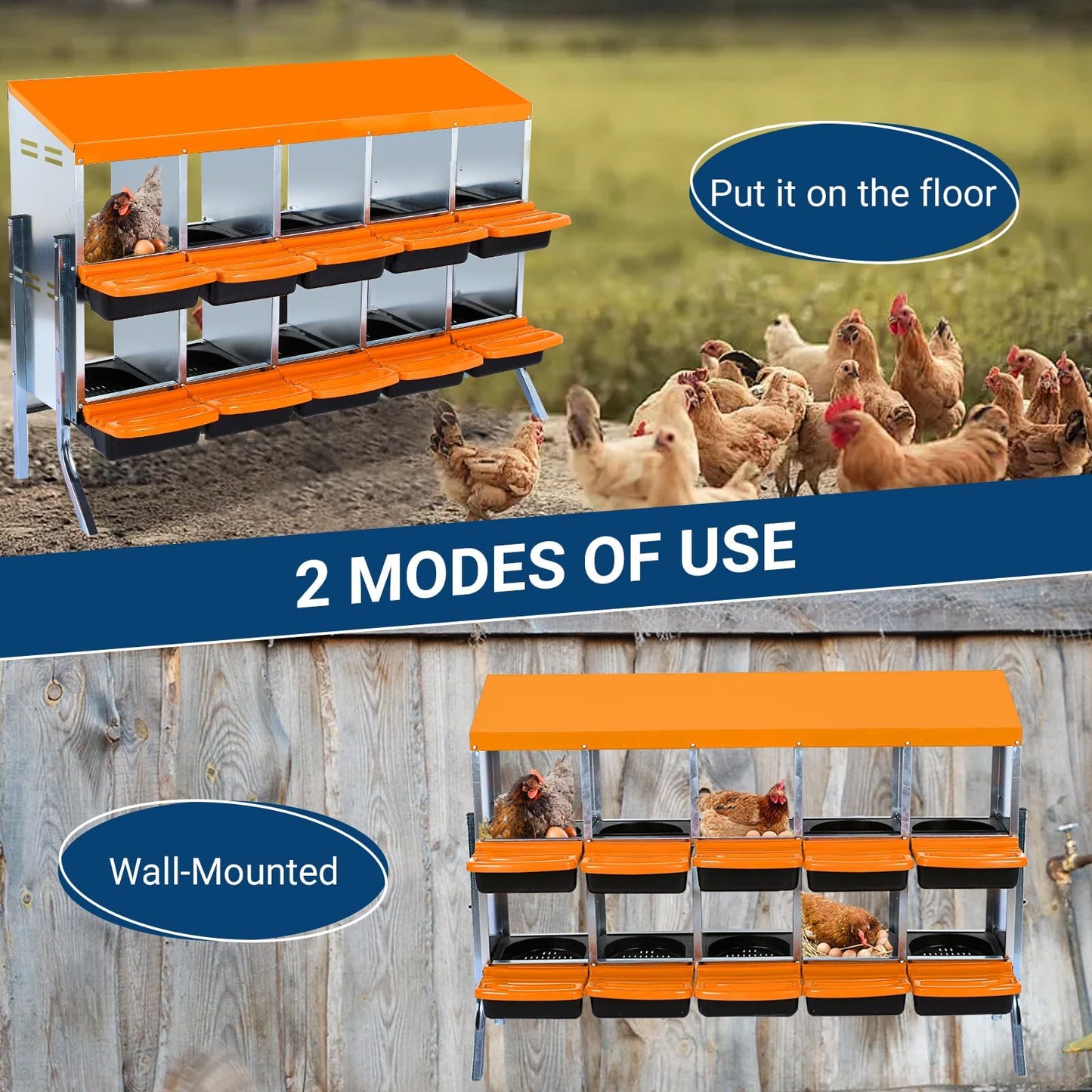 10 Hole Chicken Nesting Box with Bracket, Roll-Away Egg Collection System with Ventilation Holes，Rustproof Plastic Tray & Keyhole Mounting, Chicken Laying Box for Hen & Duck, Orange