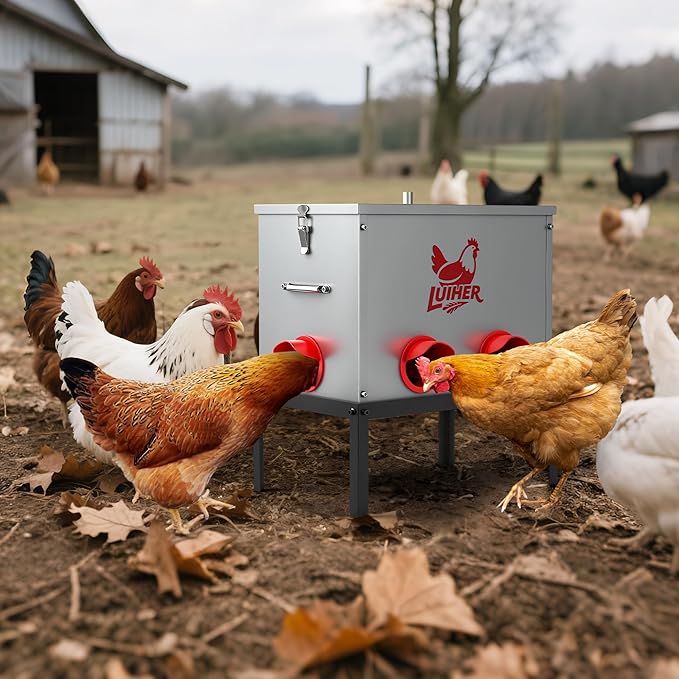 LUIHER Chicken Feeder - 40lb 6 Ports Large Capacity Galvanized Metal Poultry Feeder with Legs and Lids - Reduces Refilling Frequency - No Waste Chicken Feeding Equipment for Hen Coop