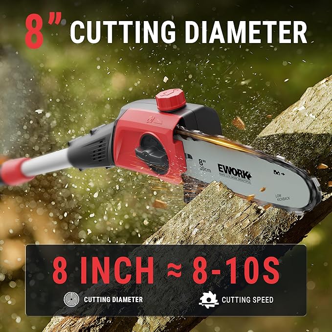EWORK 20V 8-Inch Cordless Pole Saws for Tree Trimming, Extension Up to 14.2-Ft, Lightweight Only 6.5 Lbs, Auto Oiling Electric Pole Saw Battery Powered with Battery and Charger - EK-TT2008HH