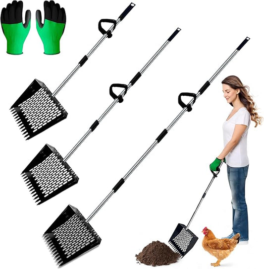 Chicken Poop Scoop & Coop Rake with Gloves – Back-Saving Sand Sifter Shovel, Adjustable Metal Litter Pooper Scooper Long Handle for Chicken Coop Cleaning and Pet Waste