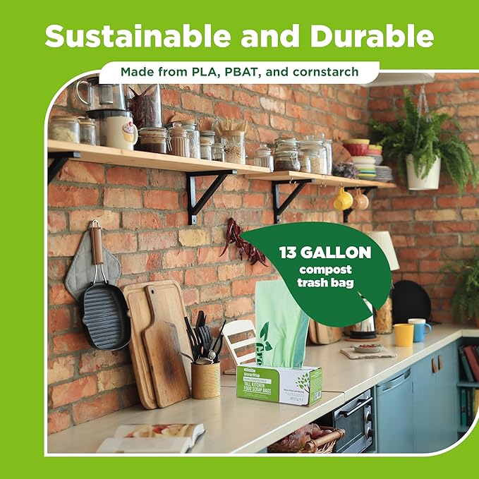 13 Gallon Compostable Trash Bags Liner with Drawstring, Heavy Duty Extra Thick 1 Mil, 49.21 Liter, 30 Bags, Tall Kitchen Food Scrap Waste Bag, BPI and OK Compost Home Certified, ASTM D6400