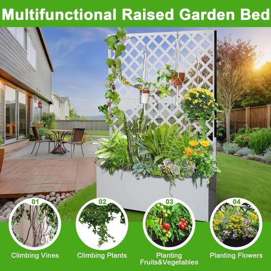 Mochalight Metal Raised Garden Bed with Trellis and Wheels, Metal Planter Box with Trellis Privacy Screen, Outdoor Planter Box with Drainage Holes for Climbing Plants, Flowers, Vegetables, White