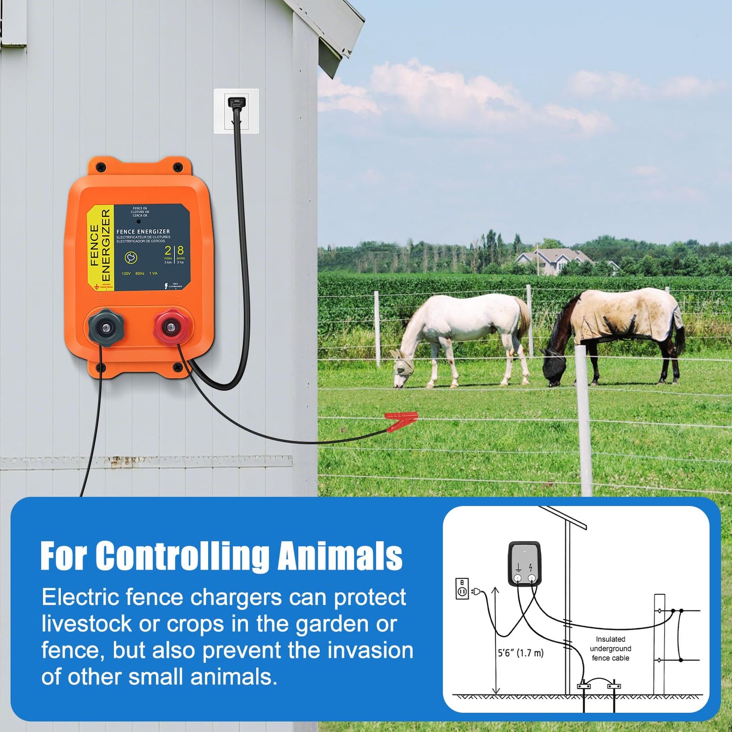 PE2 Electric Fence Energizer Plus 250 Feet Electric Fence Kit 0.10 Joule Livestock Fence Chargers for Accommodating Pets Livestock and Preventing Wildlife Invasion (Aluminum Wire)