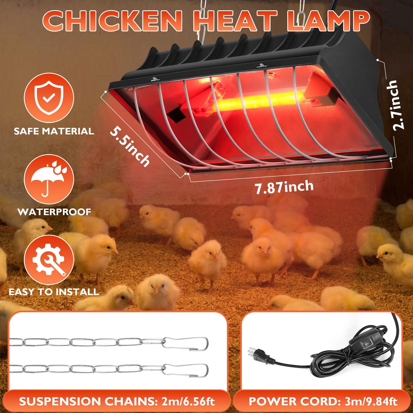 Heat Lamp for Chickens Chicks, Chicken Coop Heater with Adjustable Temp Hanging Height for Winter