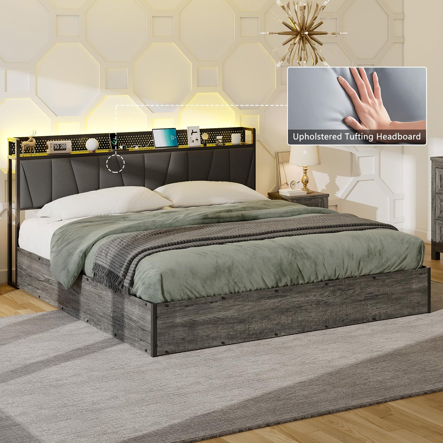 LUXOAK King Size Lift Up Storage Bed Frame with LED Lights, Linen Upholstered Headboard with Charging Station, Wooden LED Light Platform Bed Frame, No Spring Box Needed, Rustic Grey