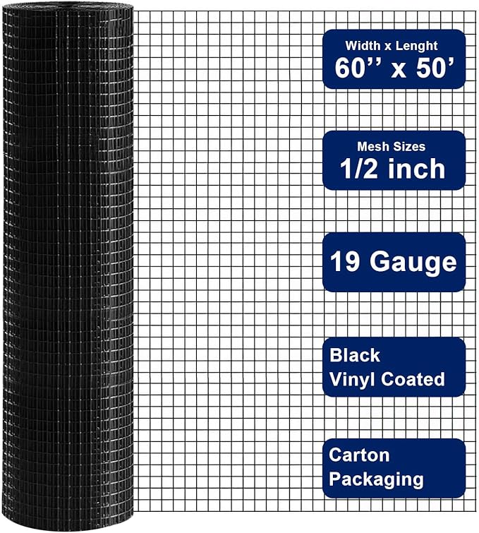Black Hardware Cloth 1/2 in. x 5 ft. x 50 ft 19-Gauge, Chicken Wire Fencing, Garden Fence, Tree Guard, Chicken Wire Mesh Roll, Welded Wire Fencing, Mesh Wire Fence