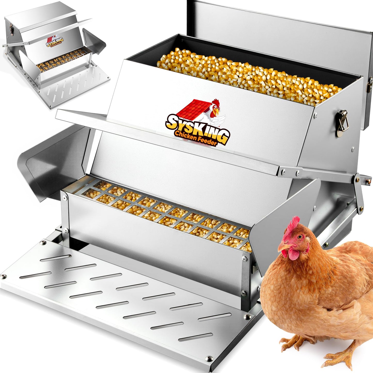 SYSKING Heavy Duty Automatic Chicken Feeder - Metal Chicken Feeders Treadle Operated, Spill Proof Poultry Feeder with Rat Proof Design & Weatherproof Lid | Sturdy Galvanized Steel (25 lb Capacity)