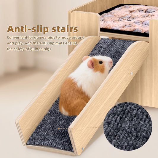 Large Guinea Pig Castle, Sturdy Wooden Small Animal Bed Platform, Upgraded Wooden Guinea Pig Castle with Anti-Slip Stairs, Easy to Assemble, Perfect for Hamsters and Rabbits to Play and Hide