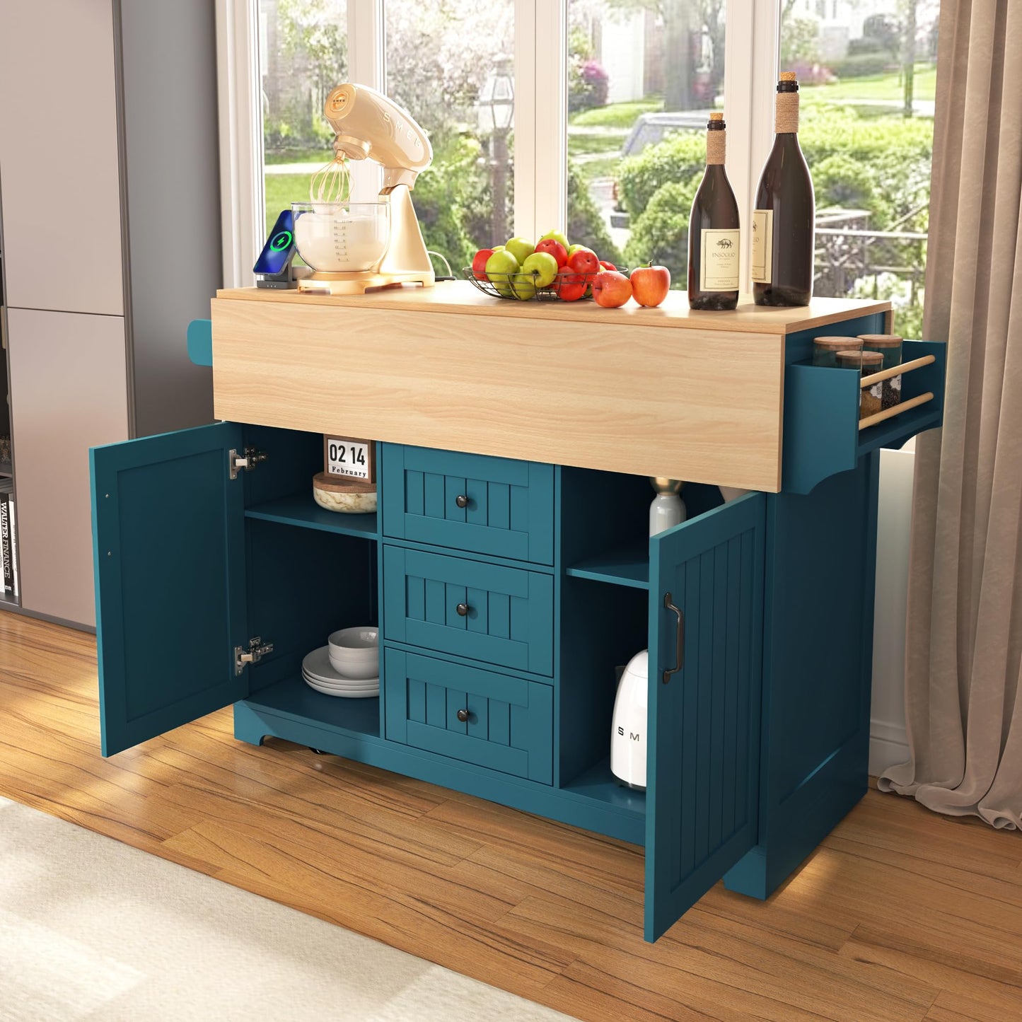 Merax 55.7" Large Kitchen Cart Island on Wheels with 2 Drop Leaf,Power Outlet,3 Drawers,Wood Cabinet for Dining Room