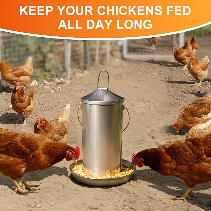 8.8lb Stainless Steel Hanging Chicken Feeder, Metal No Waste Poultry Feeder, Rustproof, Reusable, Long-Lasting, Gravity Feed Chicken Coop Accessories for Chicken, Geese, Duck, Hens, Rooster, Chick