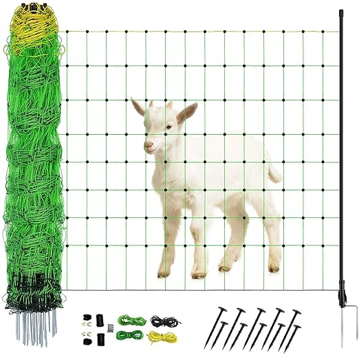 Electric Fence Netting, 35.4" H x 164' L, PE Net Fencing with 14 Posts Double Spiked, Utility Portable Mesh for Goats, Sheep, Lambs, Deer, Hogs, Dogs, Used in Backyards, Farms and Ranches