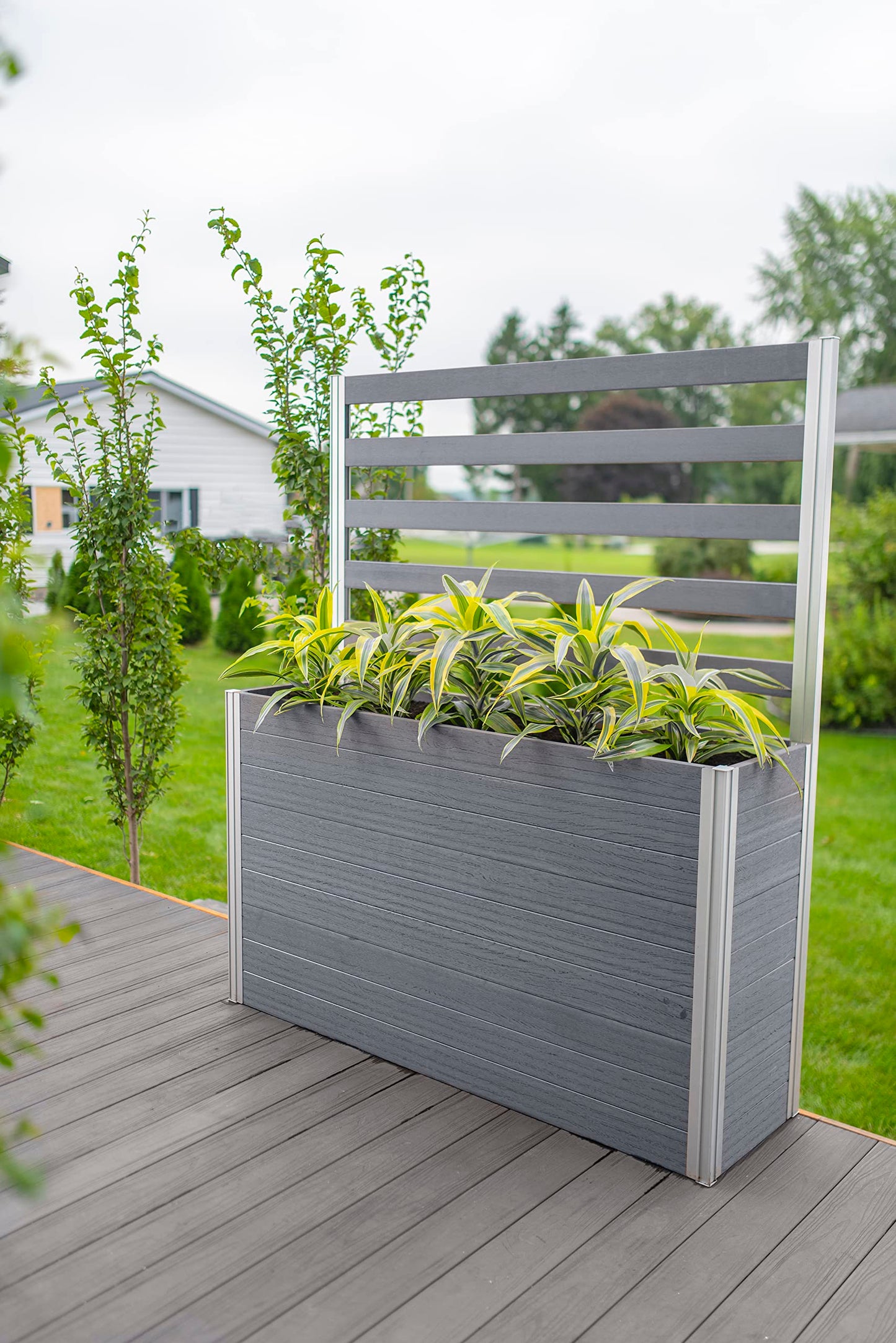 Vita Urbana 16 inch x 56 inch x 33 inch Embossed Vinyl Large Parklette Planter with Trellis, Slate Grey, Gray, Woodgrain, PVC, BPA and Pthalate Free, VT17634